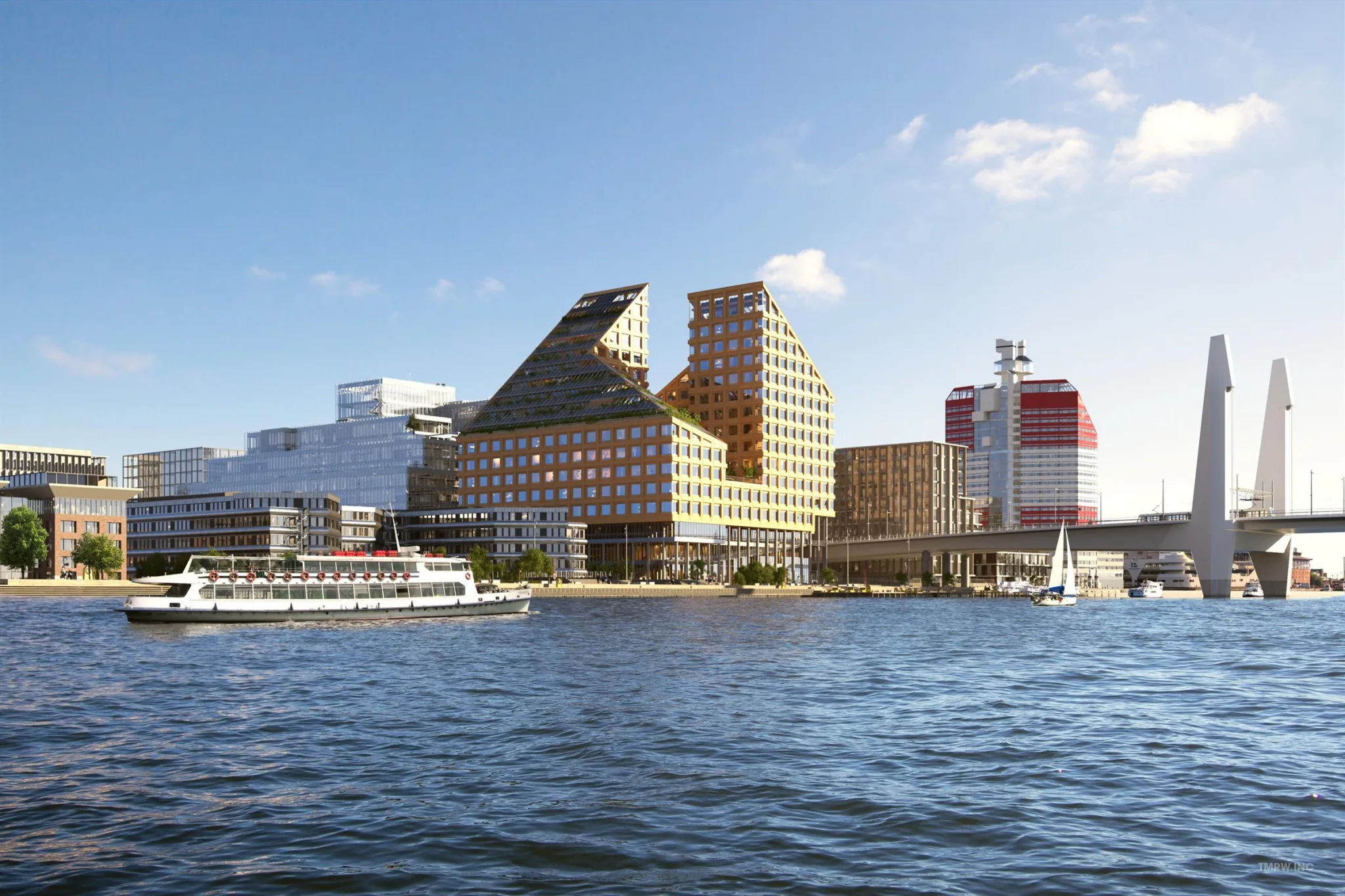 En stadsbild vid vattnet med moderna byggnader, inklusive strukturer med triangulära tak, och båtar på vattnet.