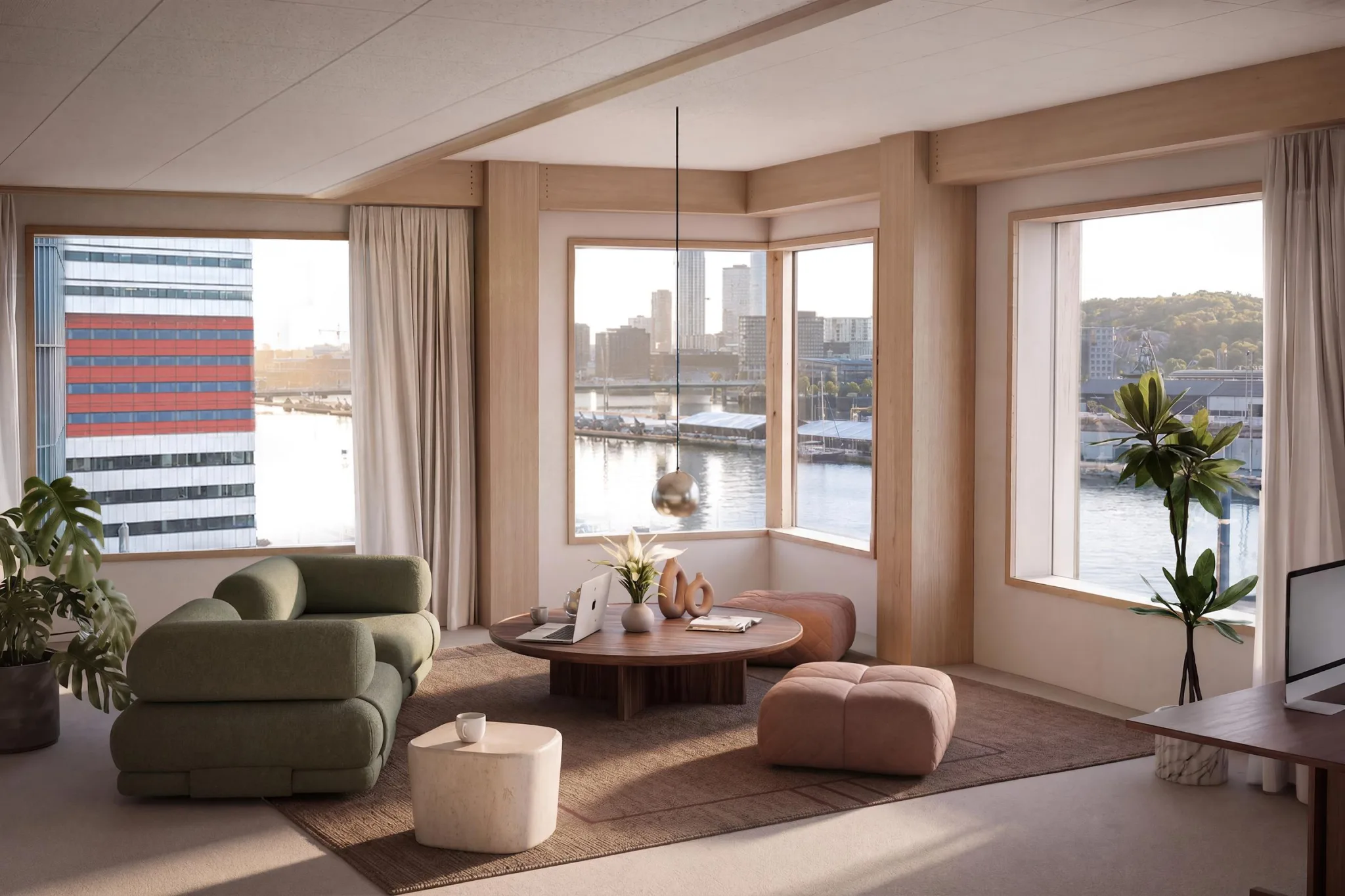 3. Ett elegant vardagsrum med stora fönster som visar utsikt över en hamn, möbler inkluderar en soffa, bord och puffar.