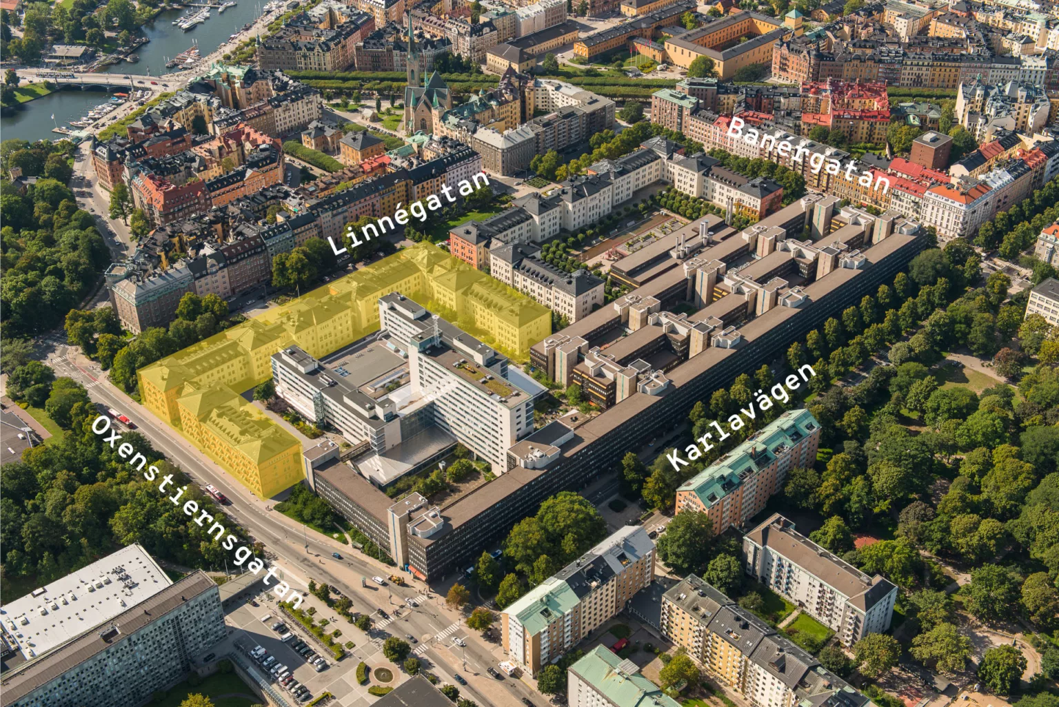 Flygbild av samma stadsdel med text som markerar olika områden, inklusive Linnégatan och Rätzowsgatan.