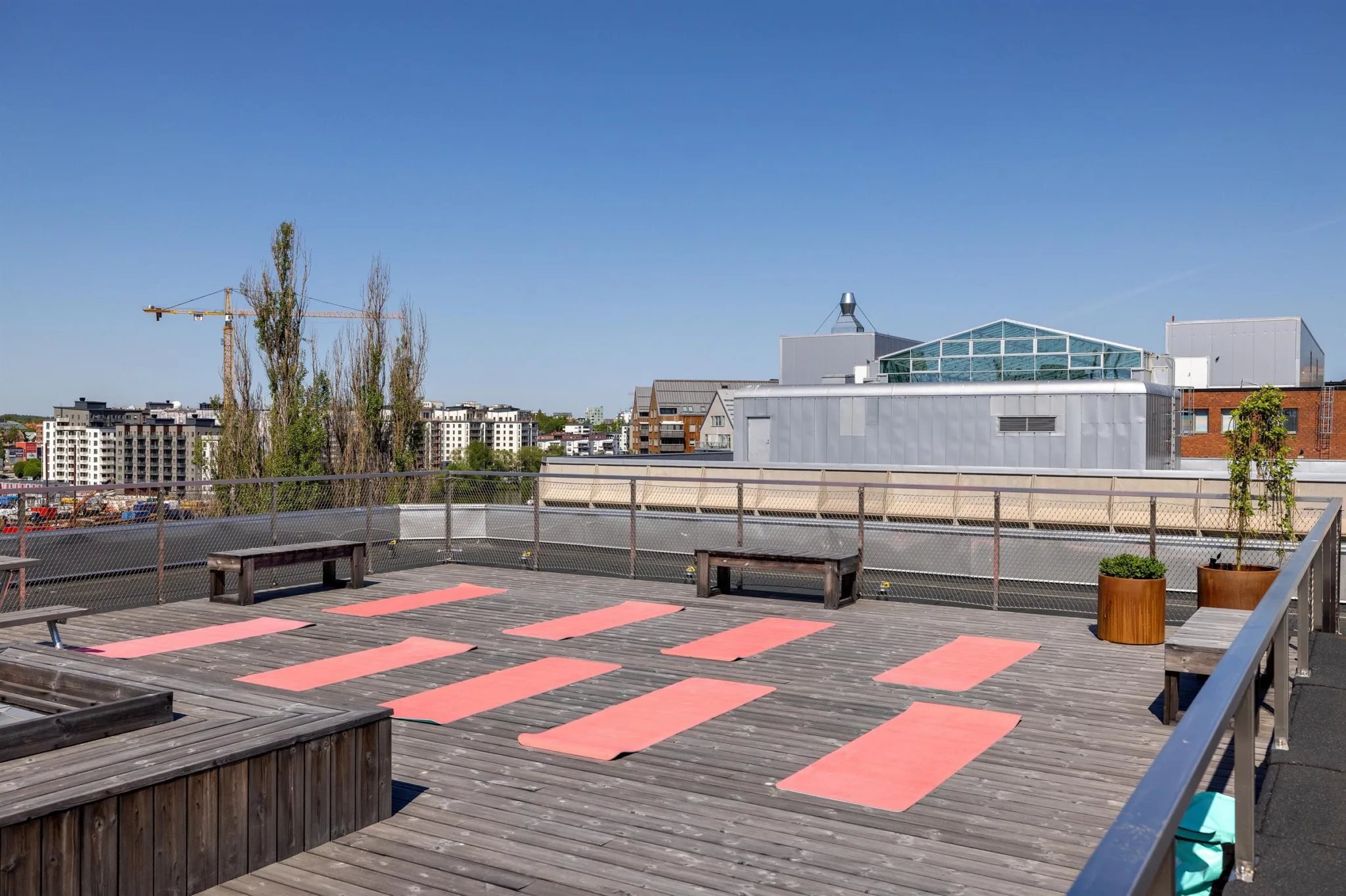 En takterrass med rosa yogamattor, bänkar och utsikt över stadens byggnader.