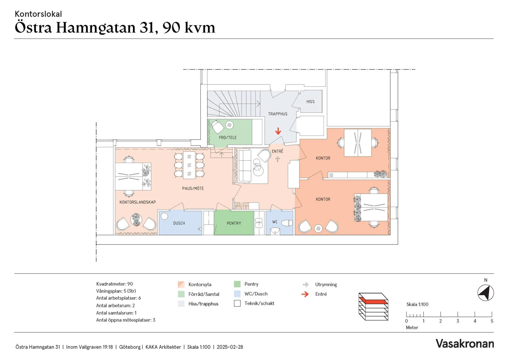 Planritning för en lokal på Östra Hamngatan 31, 90 kvadratmeter, med olika rum och färgkodade områden.
