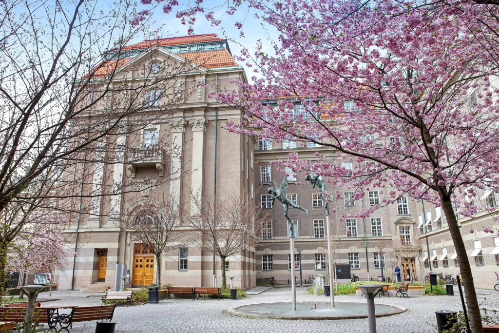 En byggnad med rosa körsbärsblommor i förgrunden och en stenlagd innergård.