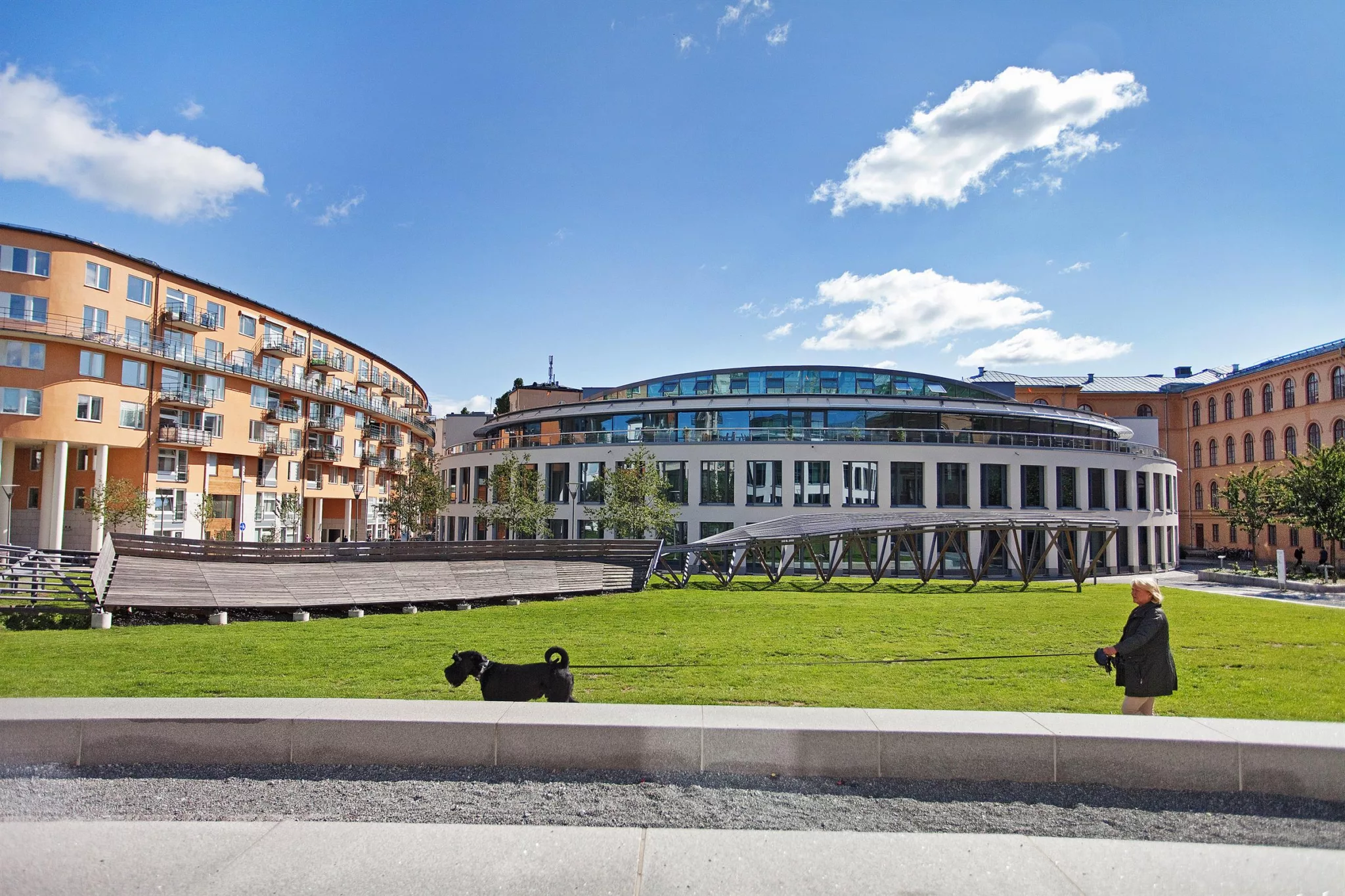 Grön park med modern byggnad i bakgrunden och blå himmel.