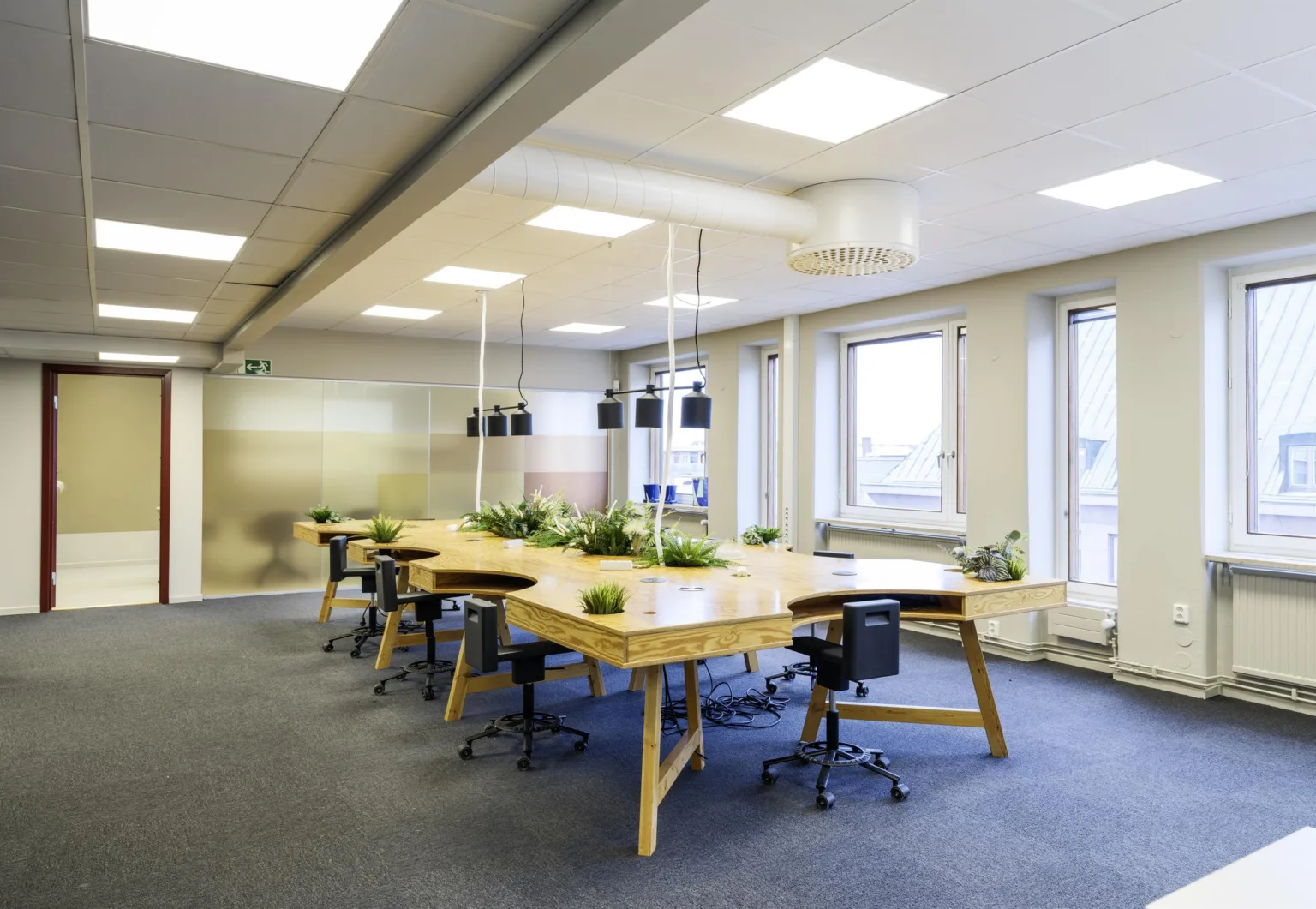 Ett modernt kontor med ett långt träbord, svarta kontorsstolar och växter, omgivna av stora fönster.