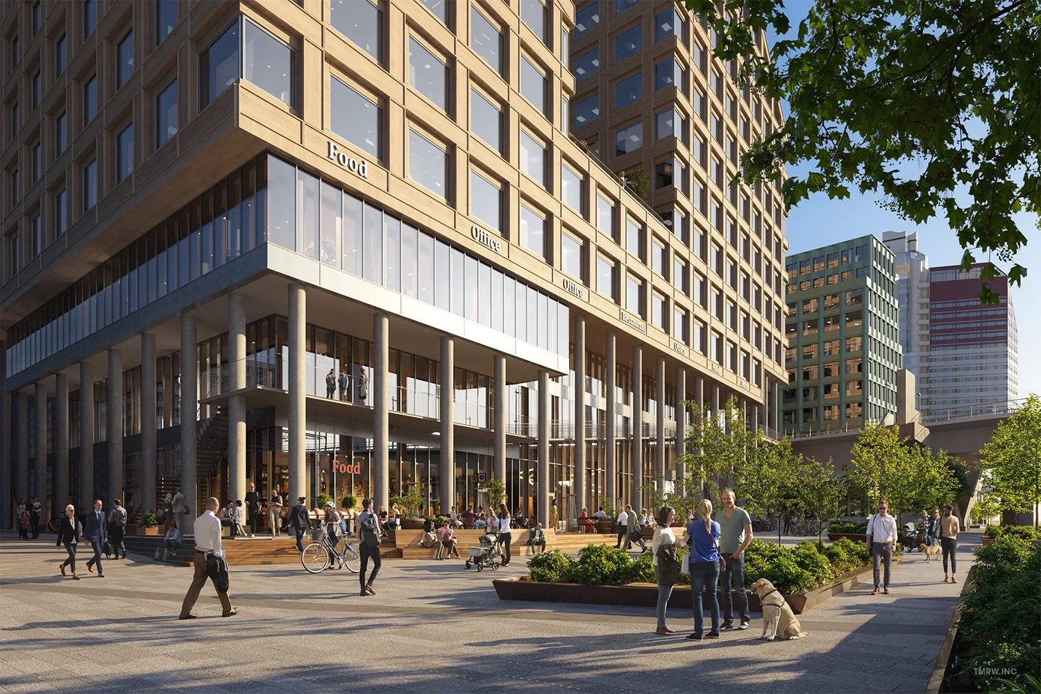 Folk rör sig runt en modern byggnad med stora glasfönster och grönska.