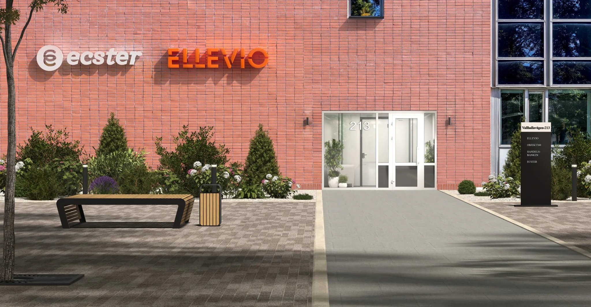 En byggnad med en rosa fasad, texten "Ellevio" i orange, en entré och växter utanför.