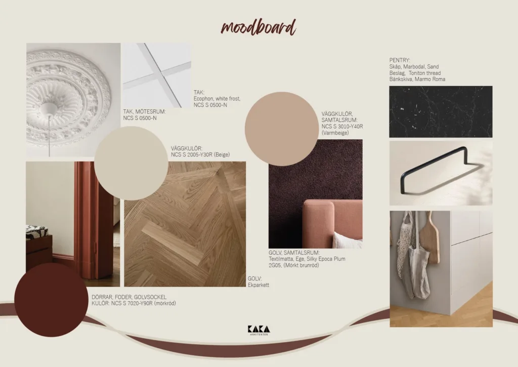 Moodboard med beige, bruna och vita färger, texturer och inspirationsbilder. Texten "moodboard" syns högst upp.