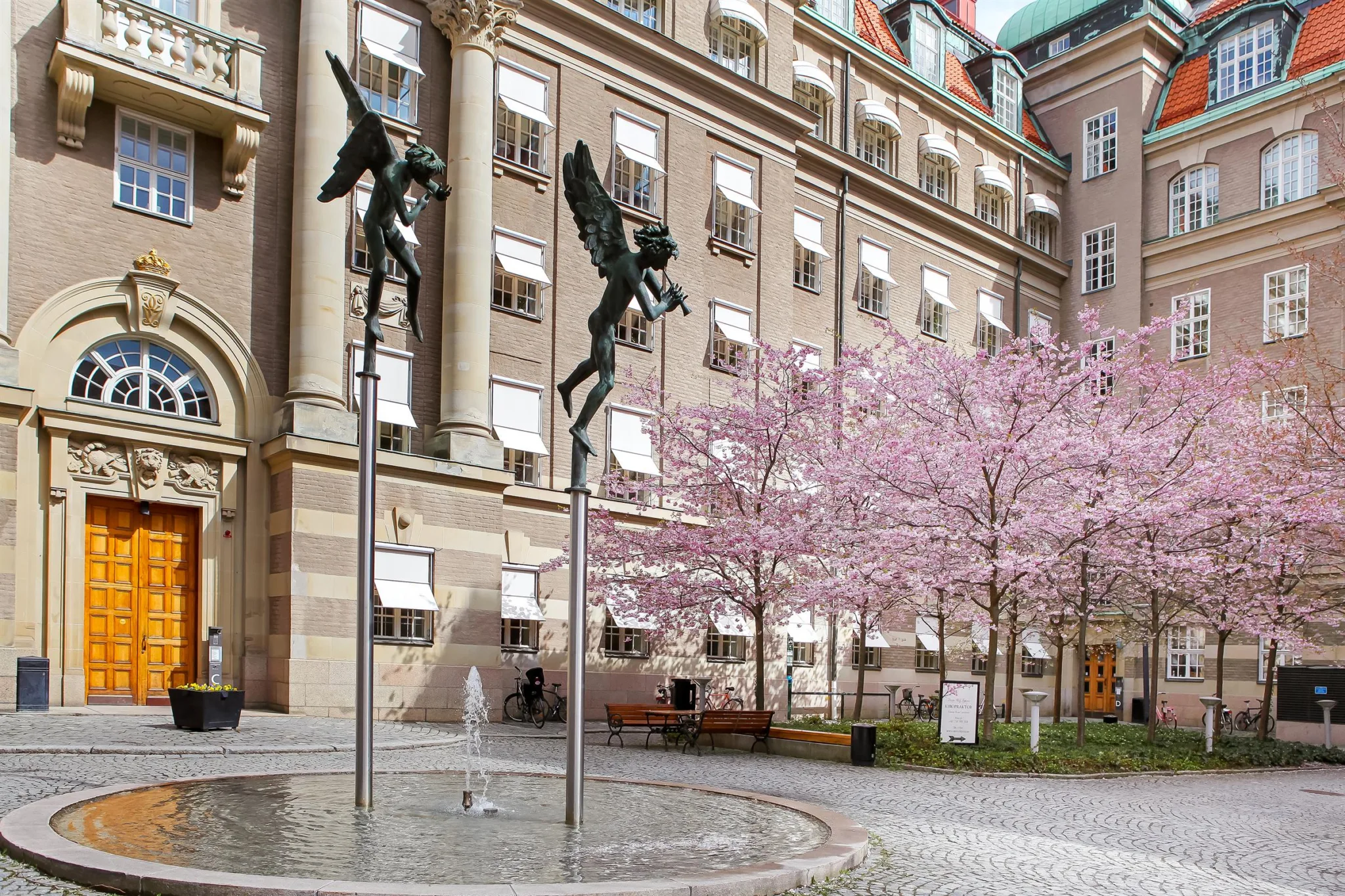 4. Två statyer av bevingade figurer, en fontän och blommande körsbärsträd framför en klassisk byggnad.