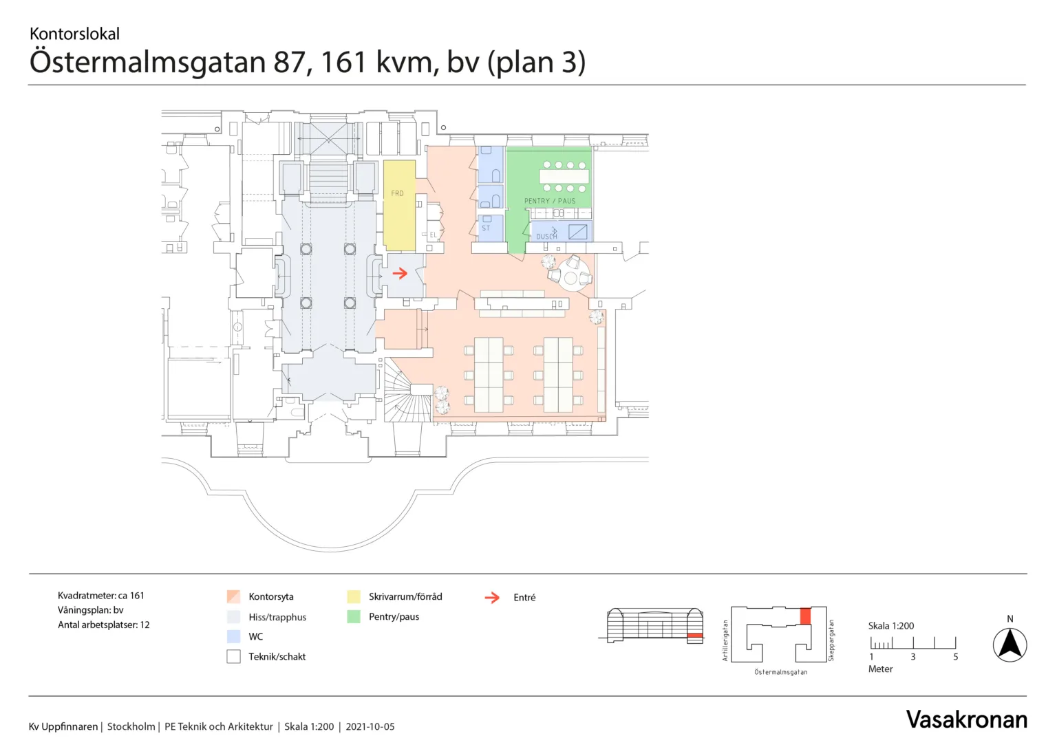 En planritning över en byggnad på adressen Stureplan 87, 161 kvm, med olika färgmarkerade områden och text som beskriver rumsfunktioner.