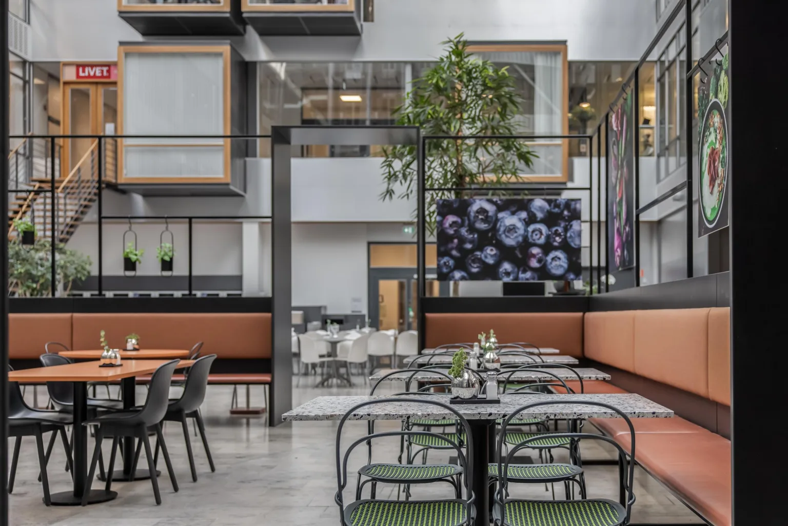 En rymlig restaurang med bord och stolar, grön inredning, växter och stora dekorativa fönster.