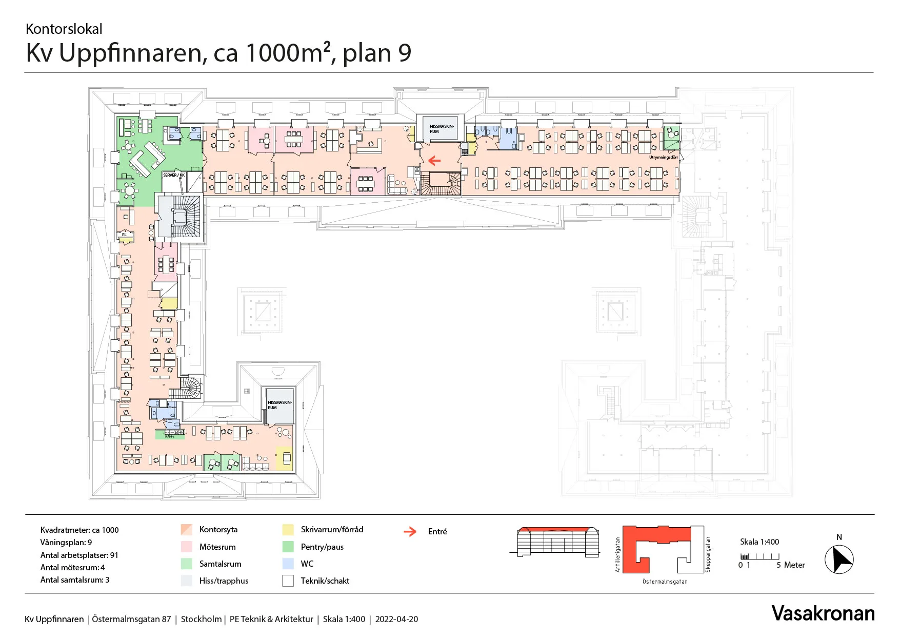 En detaljerad planritning över en byggnad på cirka 1000 m², plan 9, med olika färgkodade områden och text för att beskriva funktioner.