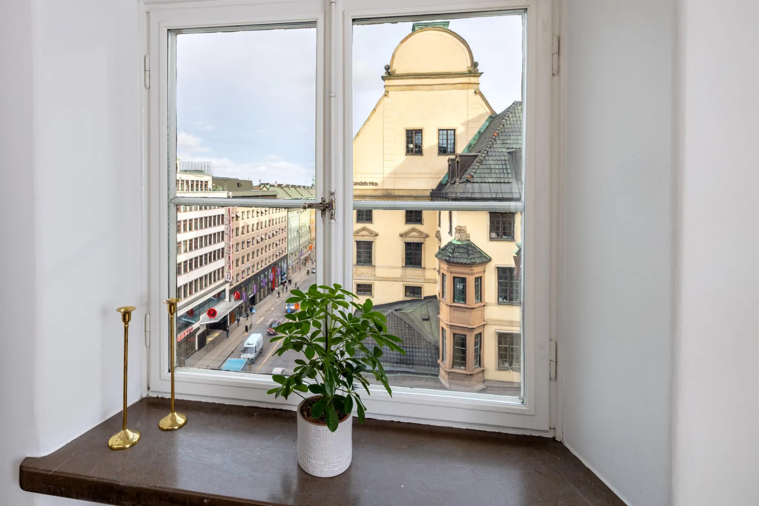 Utsikt från ett fönster med en grön växt på fönsterbrädan; en byggnad och gata syns utanför.