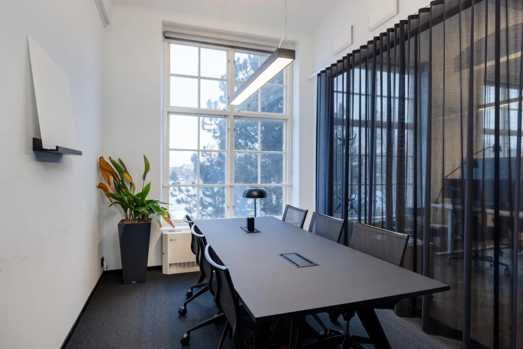 Mötesrum med lång svart bord, stolar, stora fönster och en grön växt vid sidan.
