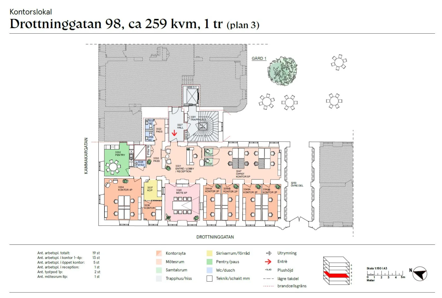 En planritning med texten "Drottninggatan 98, ca 259 kvm, 1 tr (plan 3)" överst.