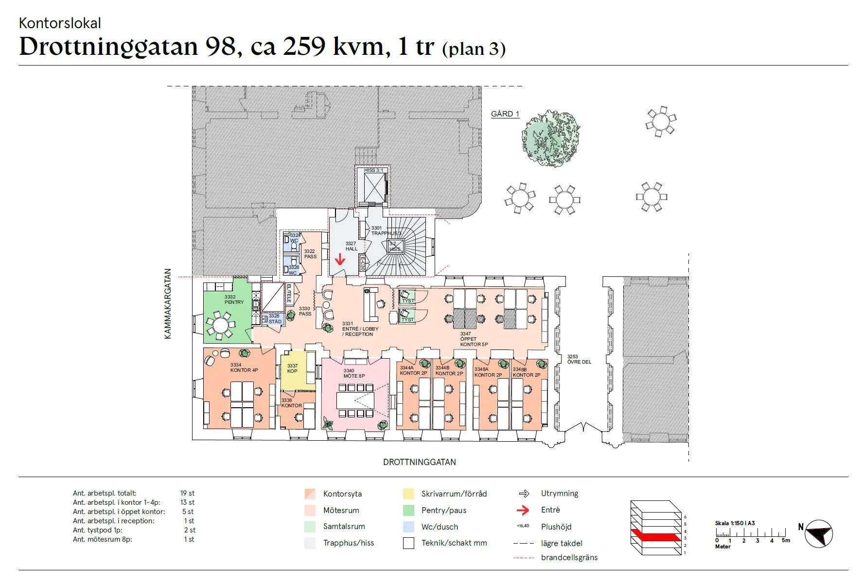 En planritning med texten "Drottninggatan 98, ca 259 kvm, 1 tr (plan 3)" överst.