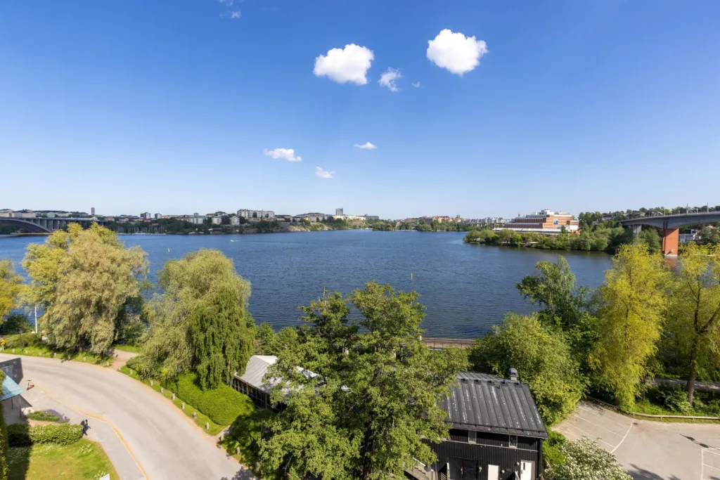 4. Utsikt över en sjö omgiven av grönska och en klarblå himmel med moln.