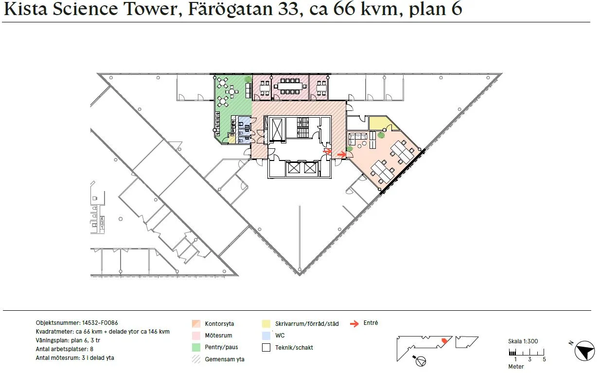 En ritning av en våningsplan för Kista Tower, med olika områden markerade och texten "Färögatan 33, ca 66 kvm, plan 6".