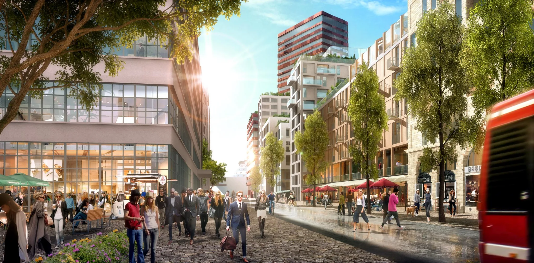4. En livlig stadsgata med människor som promenerar bland moderna byggnader, uteserveringar och grönskande träd under en solig himmel.