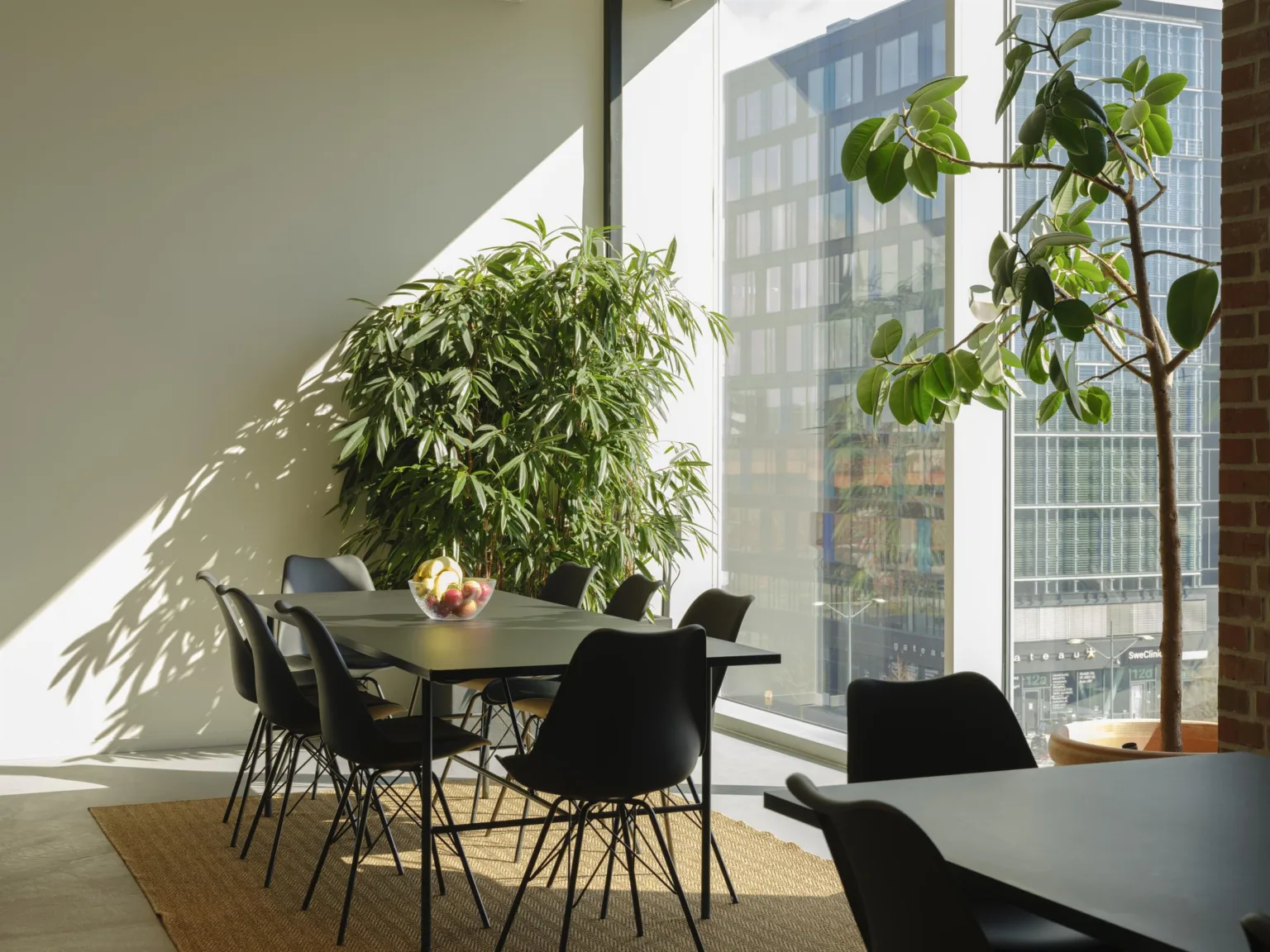 5. Ett mötesrum med ett bord, svarta stolar, stora gröna växter och fönster med utsikt över stadens byggnader.