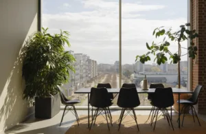 3. Ett konferensrum med ett bord och svarta stolar, omgiven av stora växter vid ett stort fönster med utsikt över en stad.