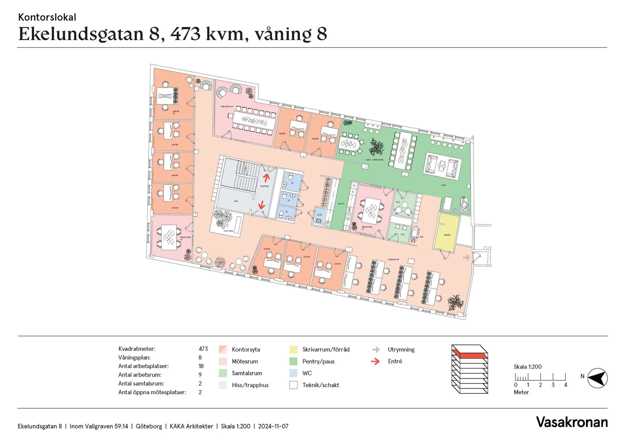 En ritning av planlösningen för våning 8, Tegeluddsvägen 8, 473 kvadratmeter, med färgkodade områden och text.
