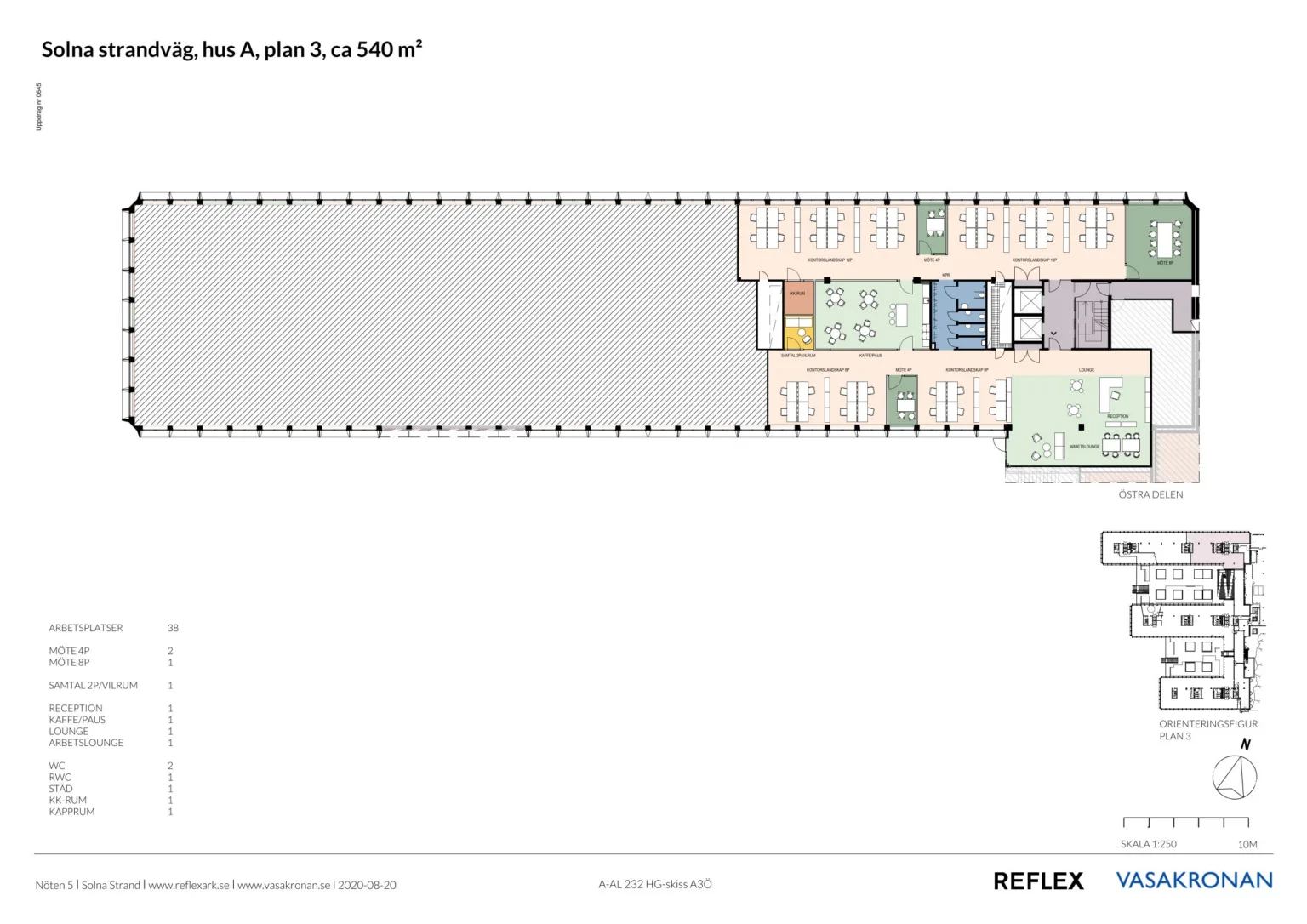 En arkitektplan med texten "Plan 4, plan 5, ca 508 kvm", färgkodade områden och detaljerad planritning.