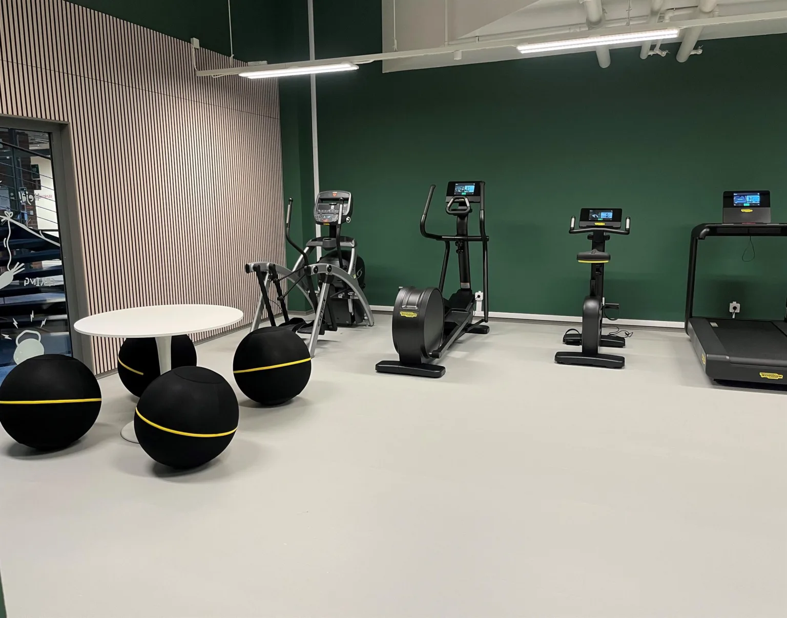 Ett gym med träningscyklar, roddmaskin, medicinbollar och ett bord med stolar.