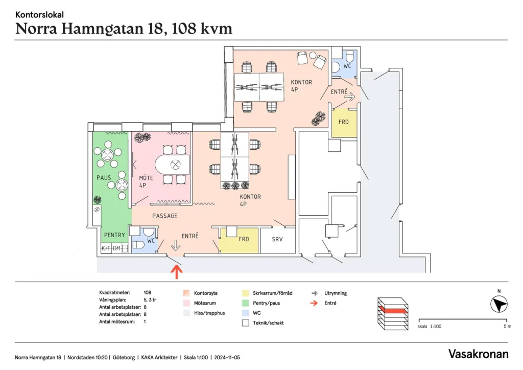 5. En färgglad planritning märkt "Tegnérgatan 18, 108 kvm" med detaljerade utrymmen och legend.