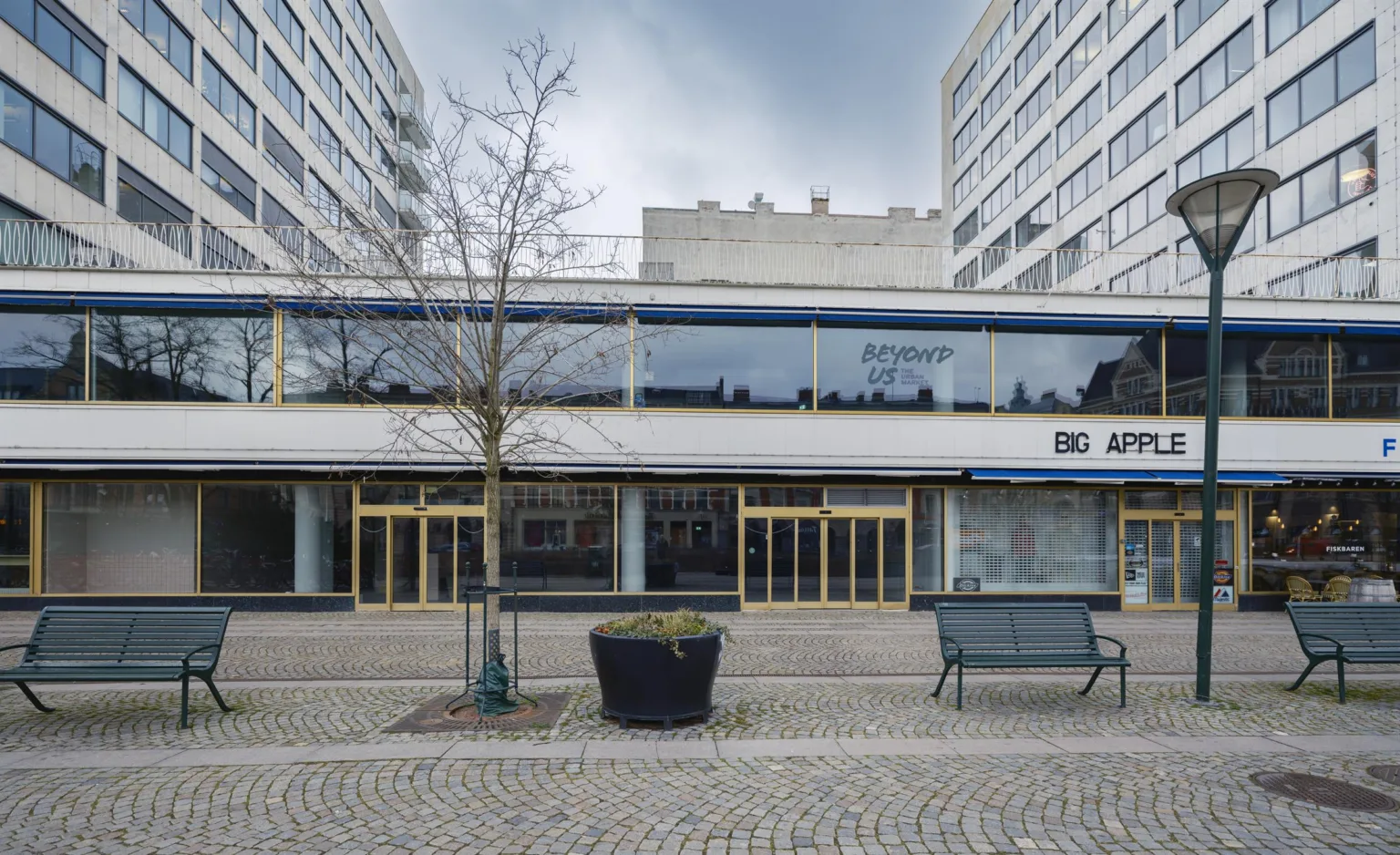 En byggnad med glasfasad och en trottoar framför, omgiven av träd och en bänk.