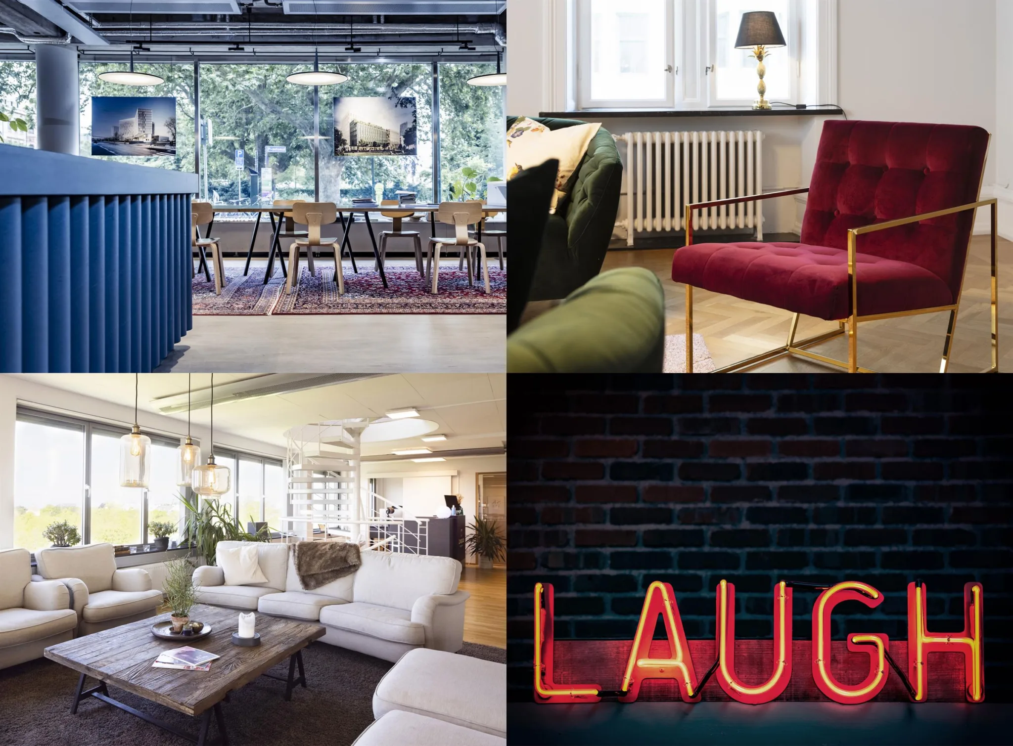 Fyra bilder på interiörer: ett mötesrum med stora fönster, en röd fåtölj bredvid en lampa, en lounge med vita soffor och ett neonljus med texten "LAUGH" mot en tegelvägg.