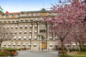 En stor stenbyggnad med körsbärsblommor och en staty framför ingången.