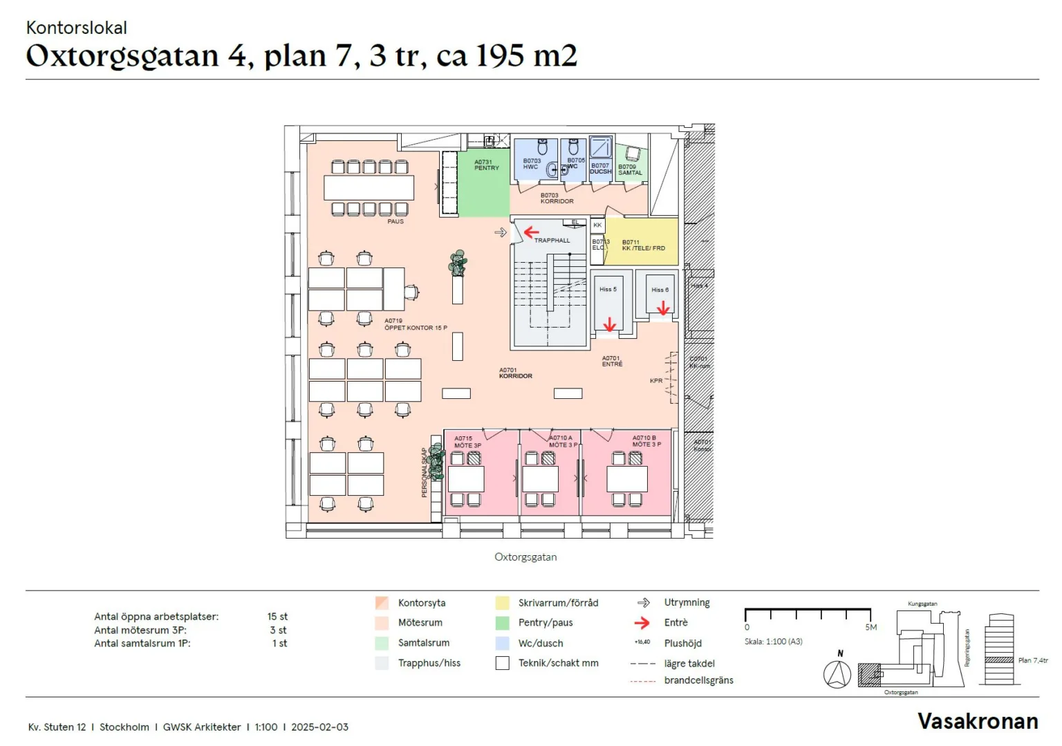 5. En planritning som visar ett kontor på 195 m² med markerade utrymmen för mötesrum, arbetsplatser och andra funktioner, texten "Regeringsgatan 4, plan 7, 3 tr, ca 195 m²" står högst upp.
