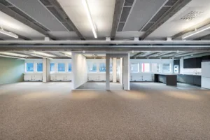 Ett öppet och rymligt kontorsutrymme med grå matta, vita väggar och flera fönster.