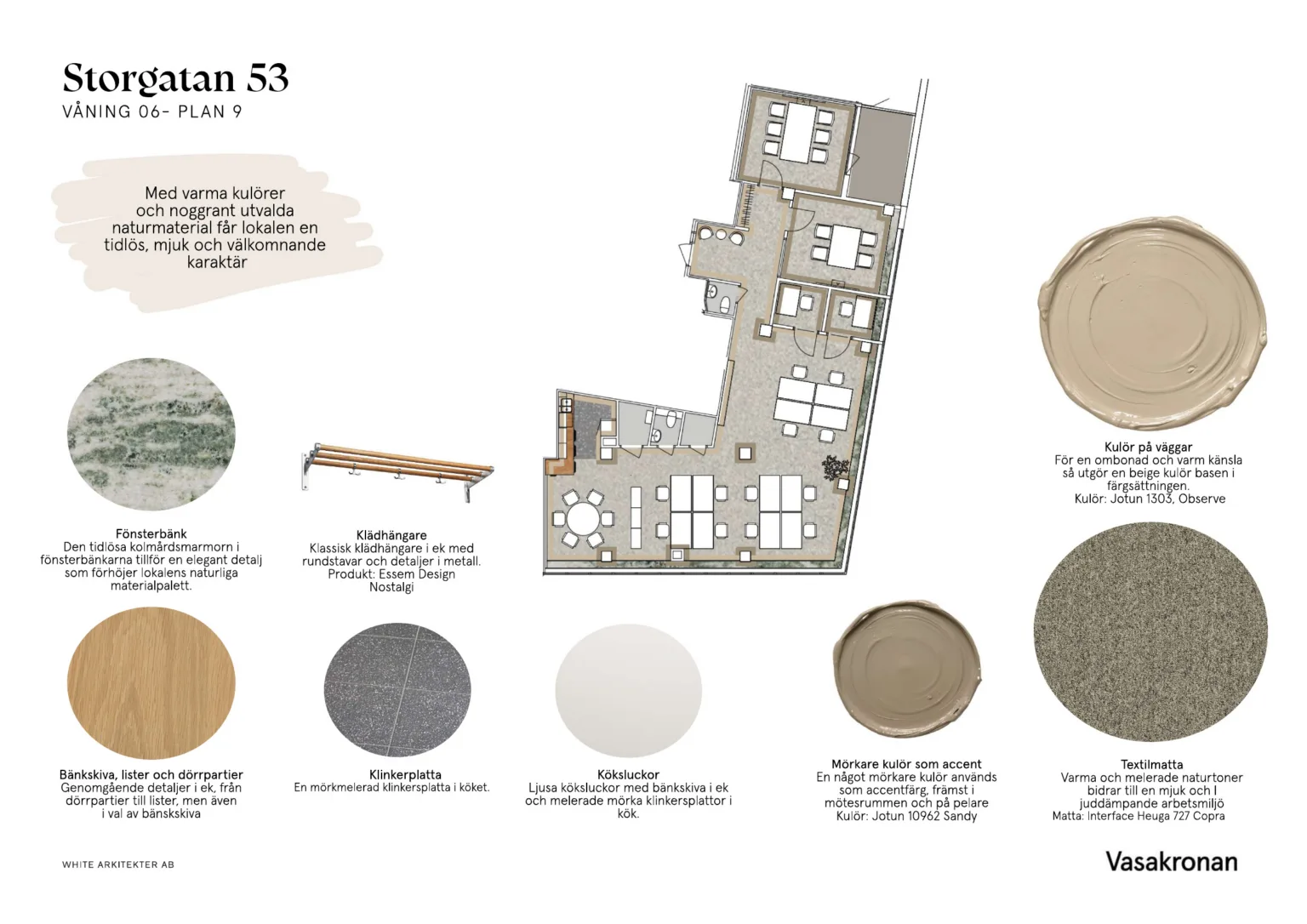 Planritning med flera rum, omgiven av materialprover och beskrivningar av färger och texturer.