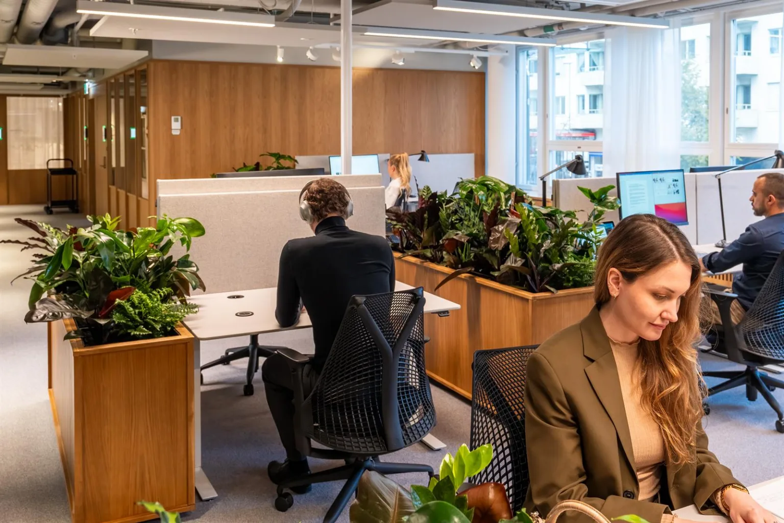 En kontorsmiljö med flera skrivbord, människor som arbetar och grönska mellan arbetsstationerna.