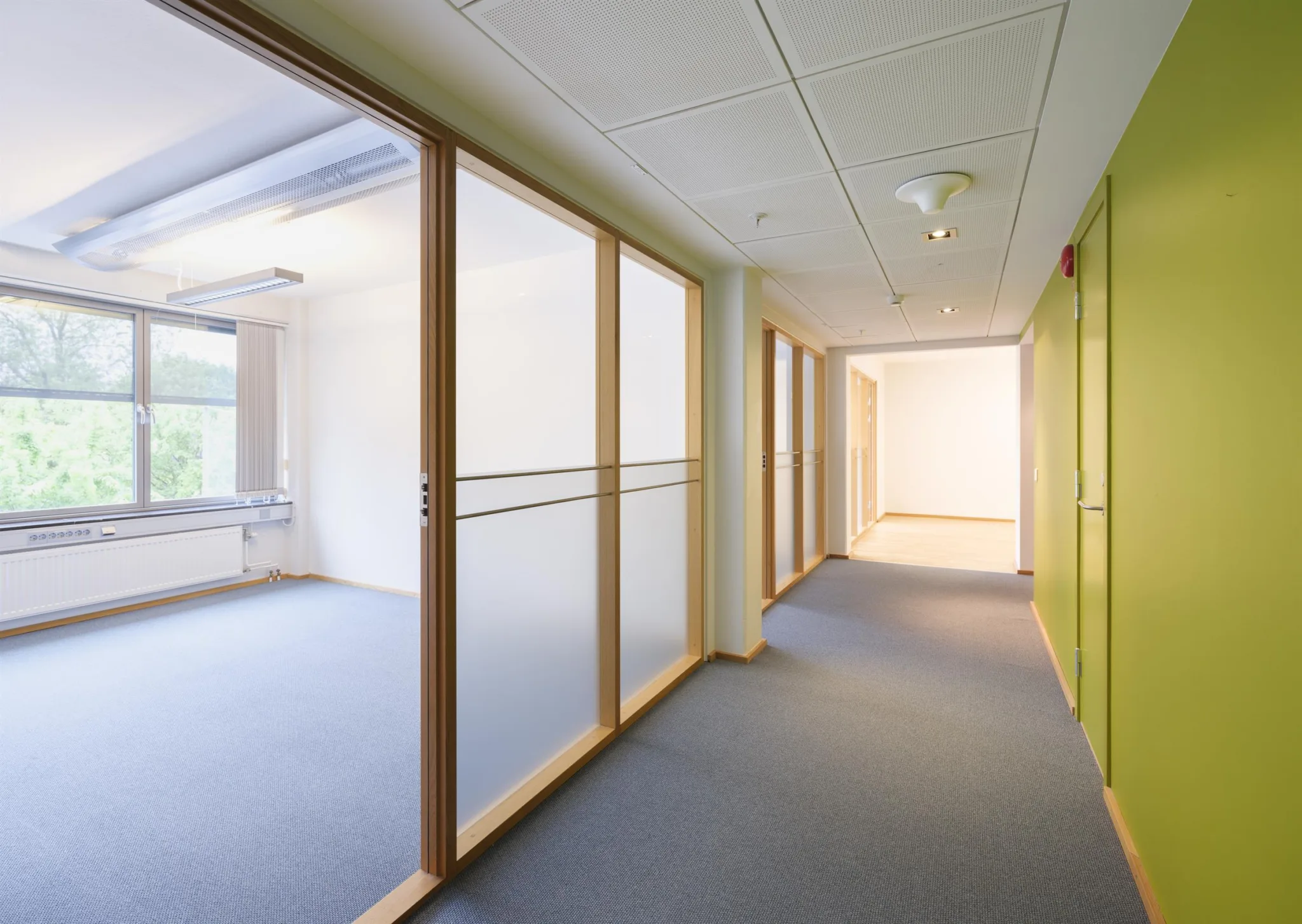 En annan korridor med glasväggar, träramar och gröna inslag på väggarna, som leder till ett upplyst rum.